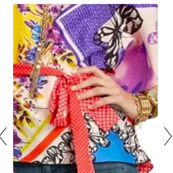 CAbi 100% Silk Scarf Top w/ Belt Kimono Style Polka Dot Floral Artsy Size Small - Picture 3 of 14